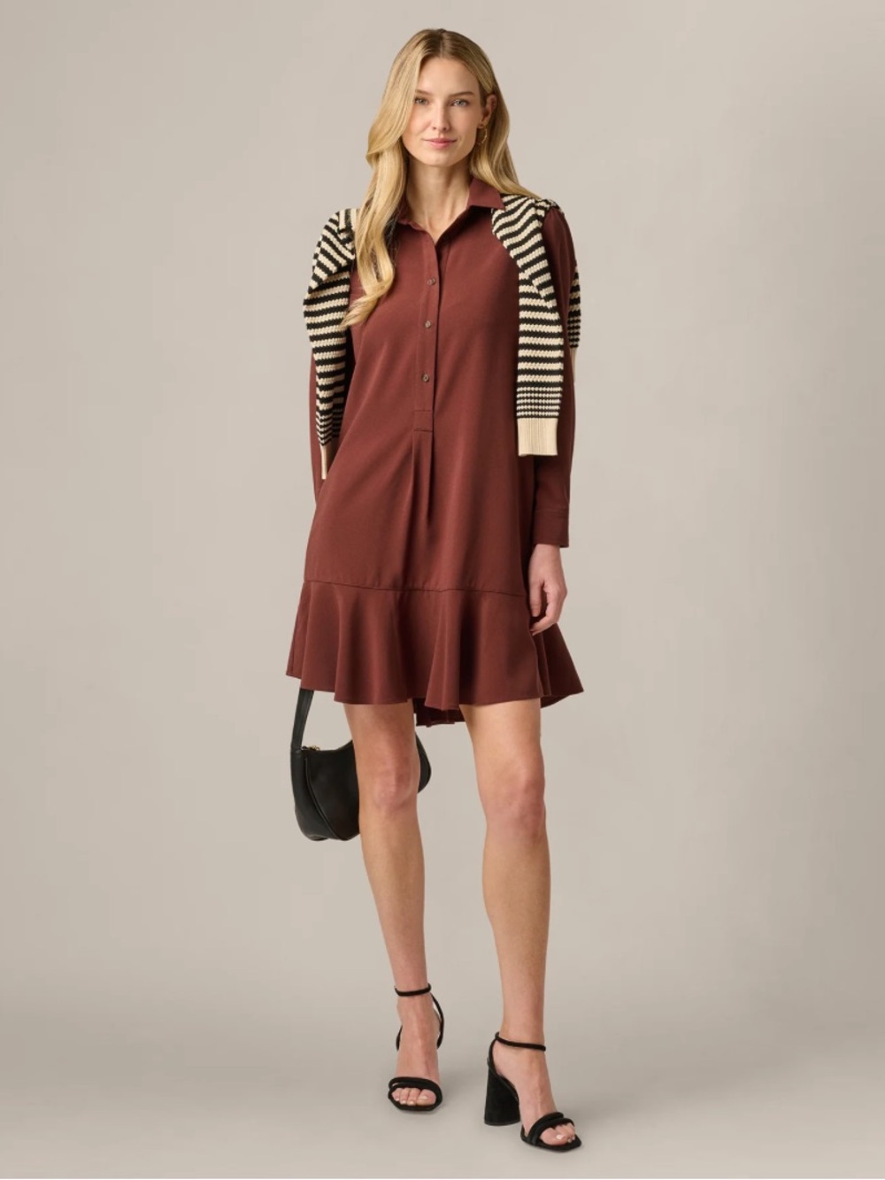 Adrianna Papell Hailey Chocolate Brown Long Sleeve Shirt Dress - Large